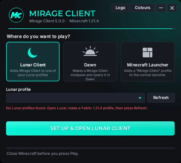 The Mirage Client app: pick Lunar Client, Dawn or the Minecraft Launcher, then press the button to set it up