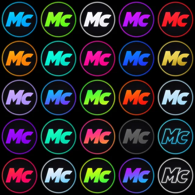 A grid of the Mirage Client logo in 25 colours, including sky blue, lime, purple, red, gold, two-colour gradients and two outline styles